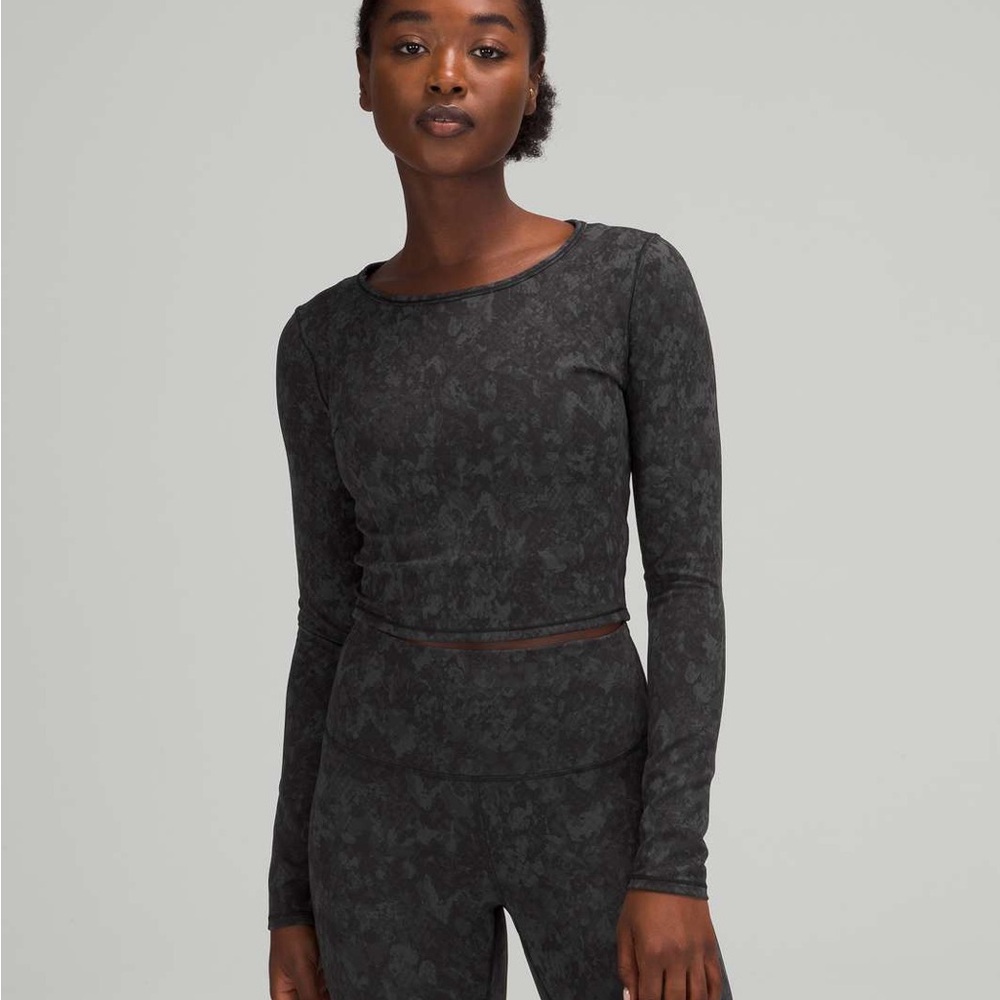 Lululemon Wunder Train Cropped Long Sleeve in Hideaway Camo Deep Coal Multi